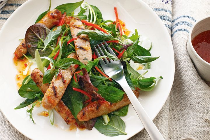 Cooking Meat Chargrilled pork sausages with Thai-style salad