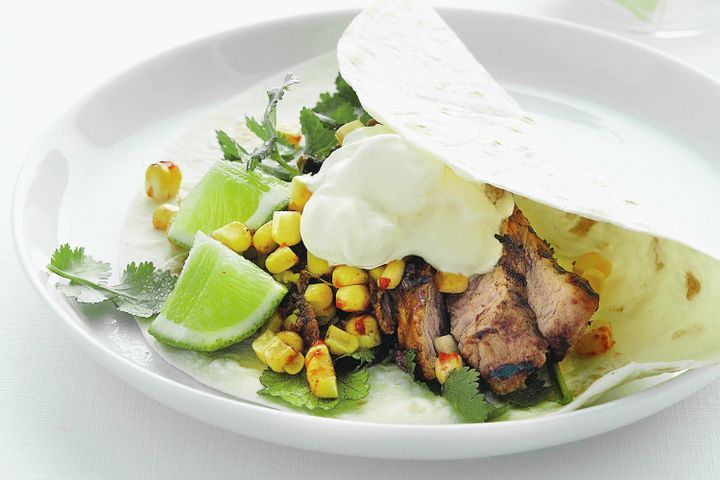 Cooking Meat Chargrilled pork tortillas with charred chilli corn