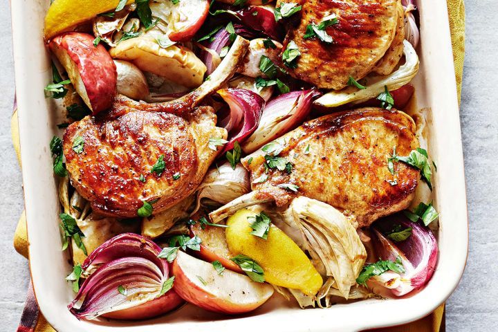 Cooking Meat Cider-roast pork cutlets with apple and fennel
