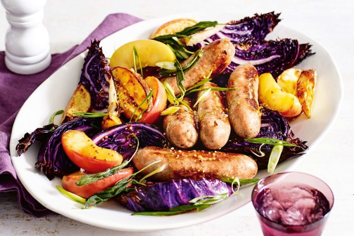 Cooking Meat Cider and mustard braised sausages with roast veg