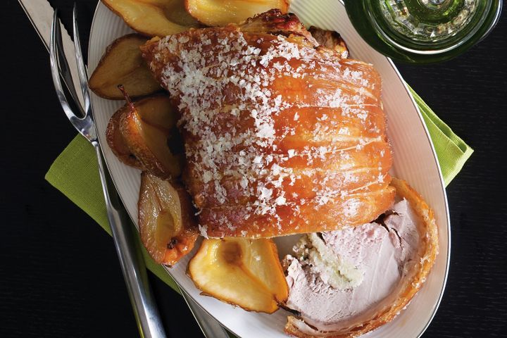 Cooking Meat Couscous and feta stuffed roast pork with pears