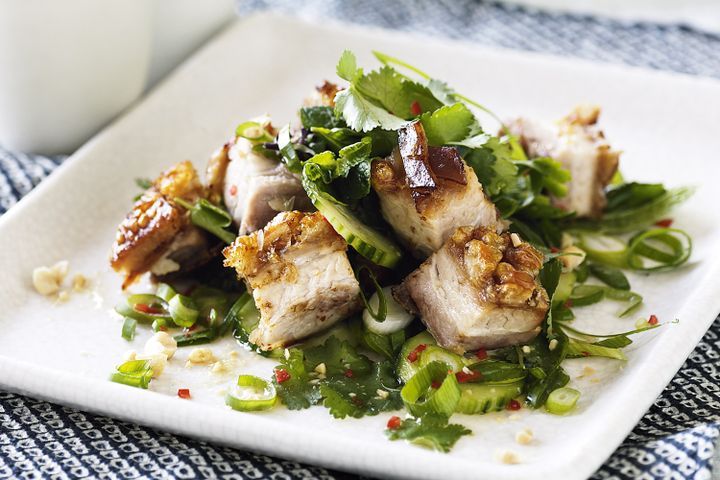 Cooking Meat Crisp pork belly salad with mint and coriander