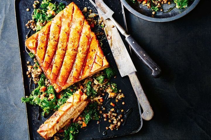 Cooking Meat Crispy pork with braised lentils and fennel