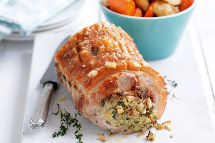 Cooking Meat Crispy stuffed pork with roasted carrot and apple