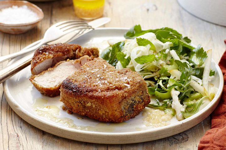 Cooking Meat Crumbed pork chops with pear and walnut salad