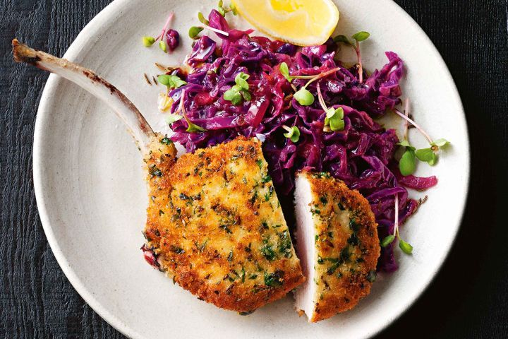 Cooking Meat Crumbed pork cutlets with rhubarb and red cabbage