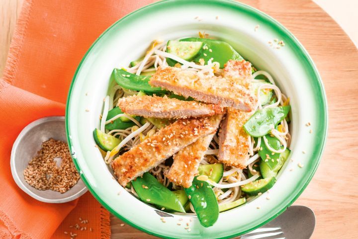 Cooking Meat Crunchy sesame pork with soba noodle salad