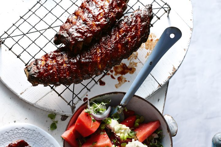 Cooking Meat Dr pepper ribs with watermelon salad