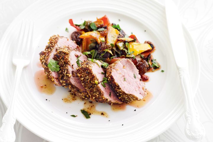 Cooking Meat Dukkah-crusted pork with sweet and sour capsicum