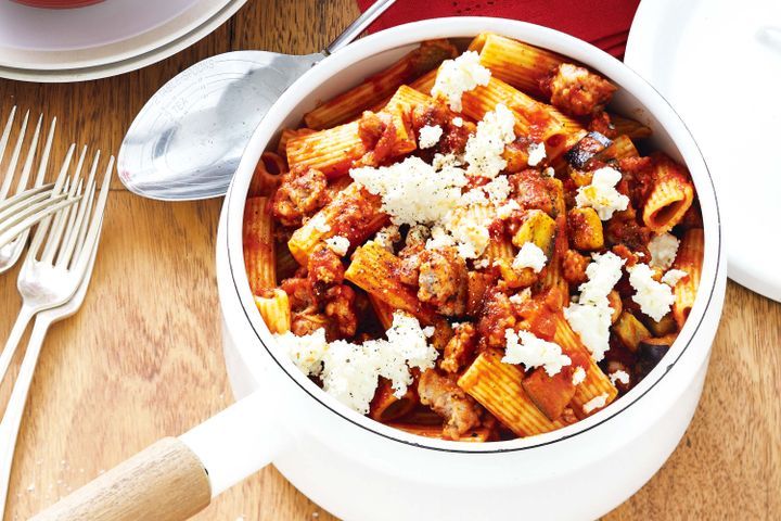 Cooking Meat Eggplant, pork and fennel rigatoni