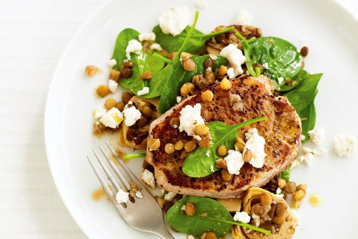 Cooking Meat Fennel and pepper pork with artichoke, lentil & spinach salad