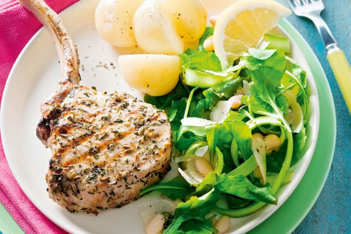 Cooking Meat Fennel and thyme pork with asparagus and rocket salad