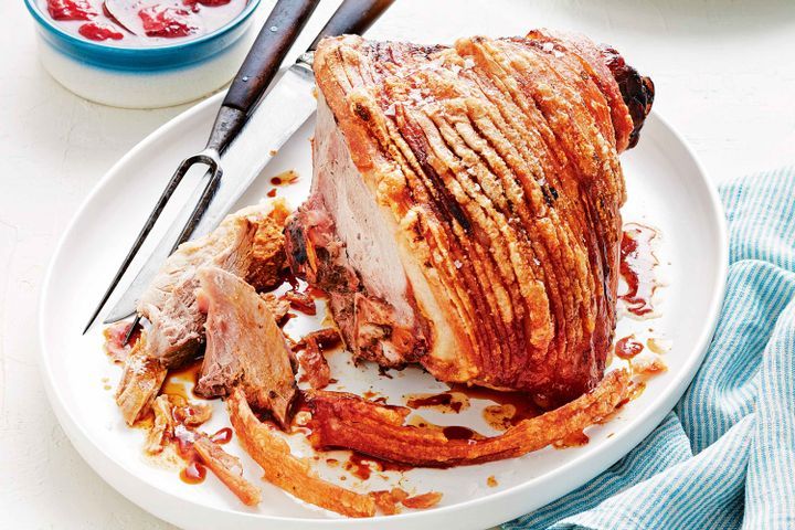 Cooking Meat Fork-tender pork leg roast with caramelised plum vinaigrette