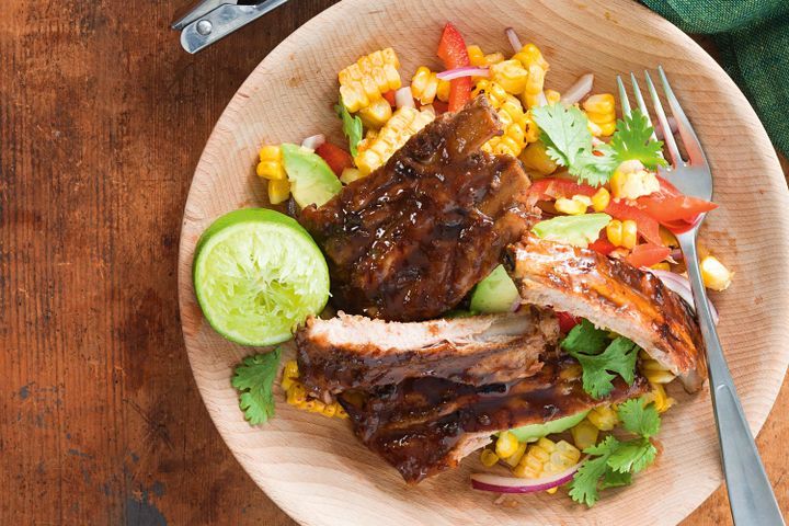 Cooking Meat Ginger beer pork ribs with corn and avocado salad