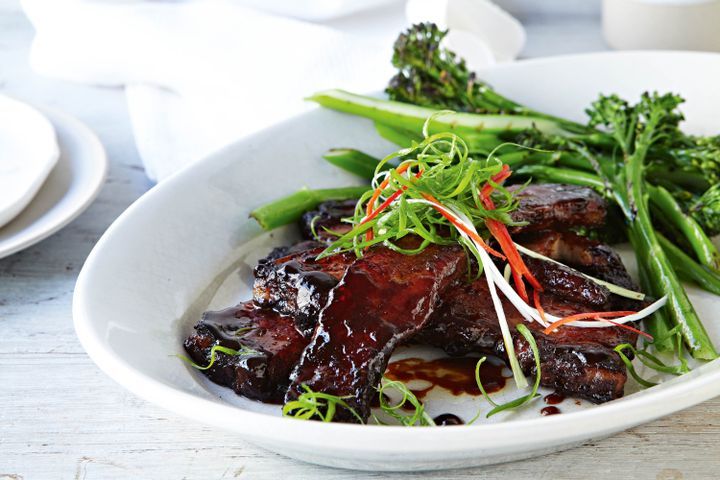 Cooking Meat Glazed hoisin pork belly with chargrilled broccolini