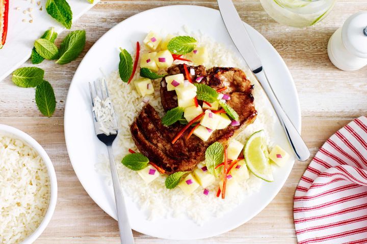 Cooking Meat Honey and balsamic pork chops with pineapple salsa