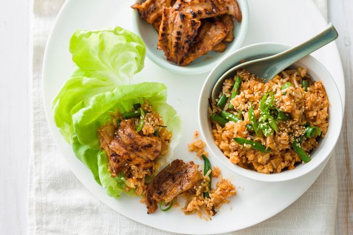 Cooking Meat Korean barbecue pork with kimchi fried rice
