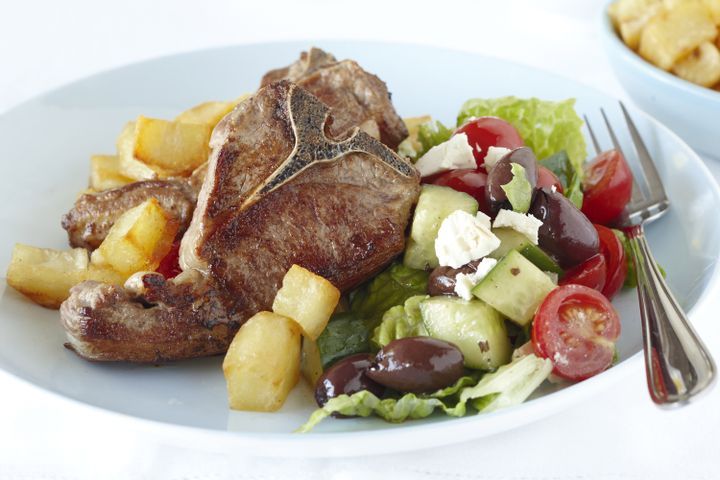 Cooking Meat Lamb chops with Greek-style salad