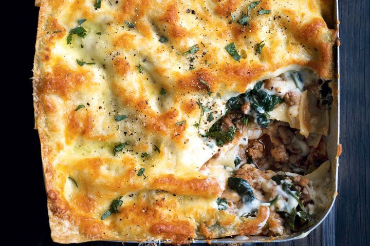 Cooking Meat Lasagne with kale and bacon