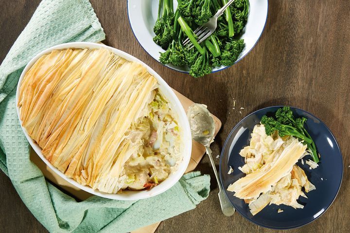 Cooking Meat Leek, potato and cream chicken filo pie