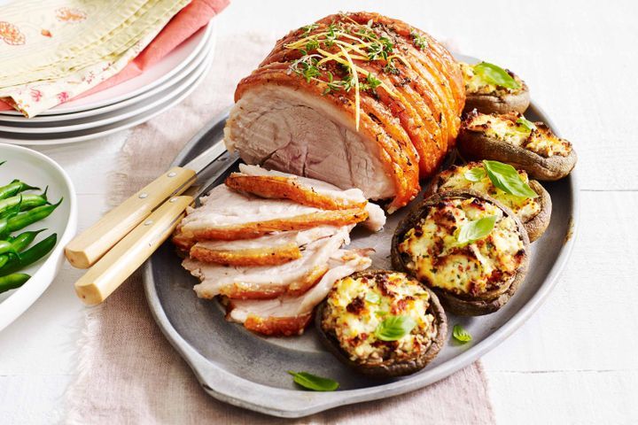 Cooking Meat Lemon and thyme roast pork with ricotta-stuffed mushrooms