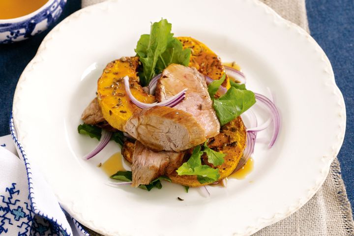 Cooking Meat Maple-glazed pork with roast pumpkin salad