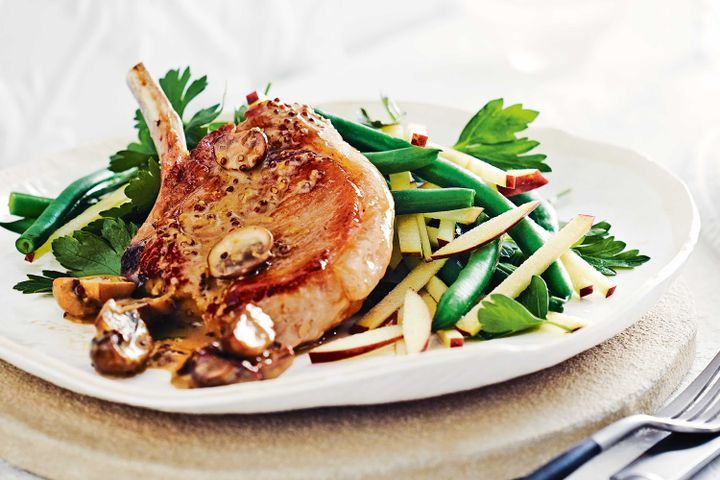 Cooking Meat Maple and mustard pork cutlets with apple salad