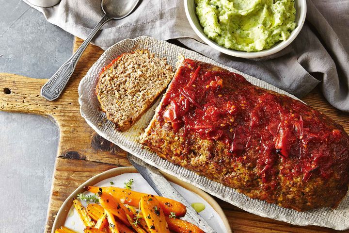 Cooking Meat Meatloaf with maple tomato glaze and broccoli mash