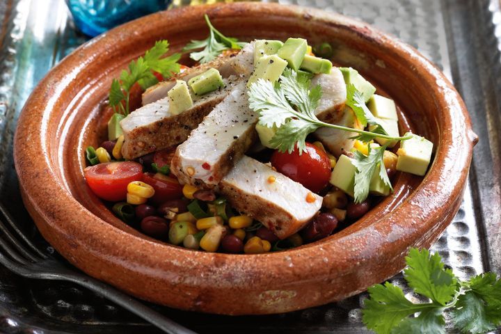 Cooking Meat Mexican corn & bean salad with grilled pork