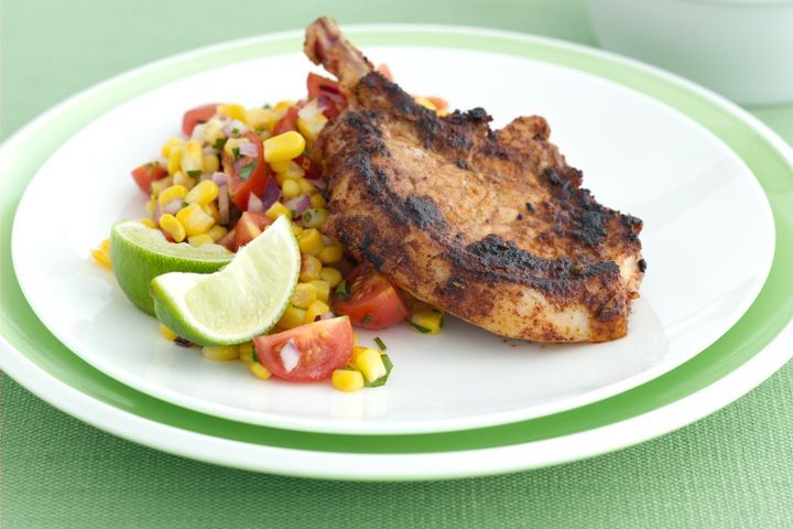 Cooking Meat Mexican spiced pork cutlets with corn salsa