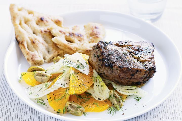 Cooking Meat Moroccan pork steaks with orange and fennel salad and grilled flat bread