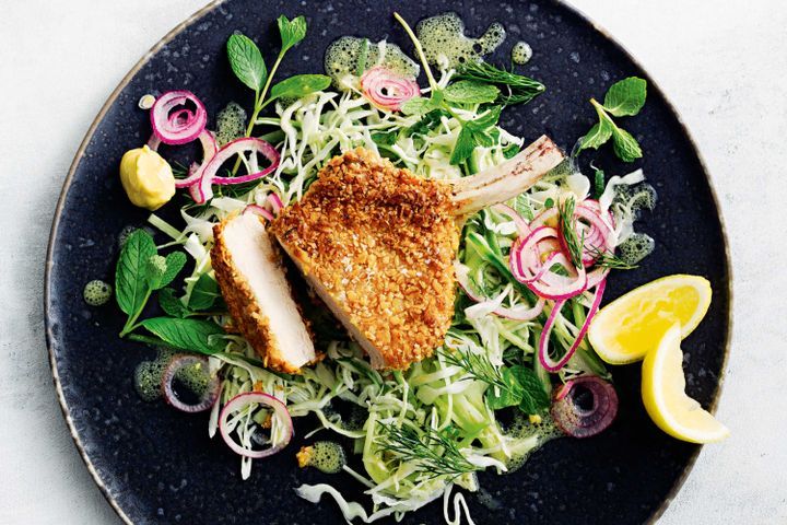 Cooking Meat Oat-crumbed pork with tangy dill slaw