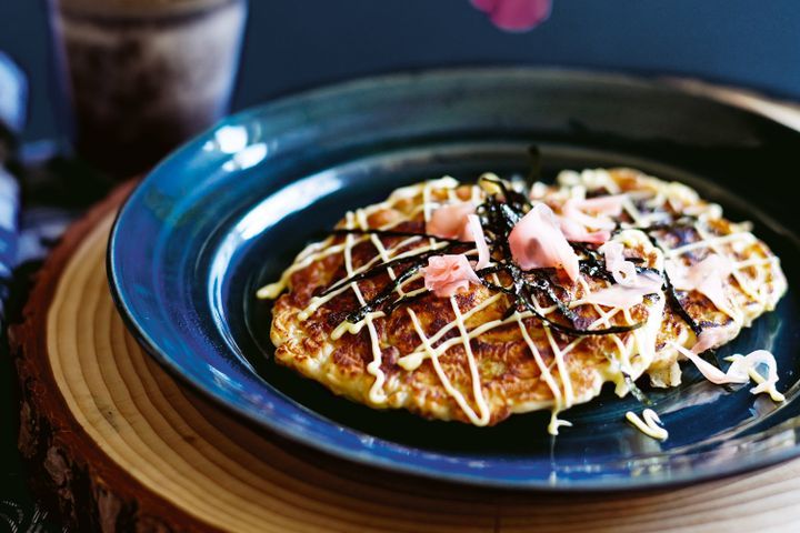 Cooking Meat Okonomiyaki (Japanese pancake)
