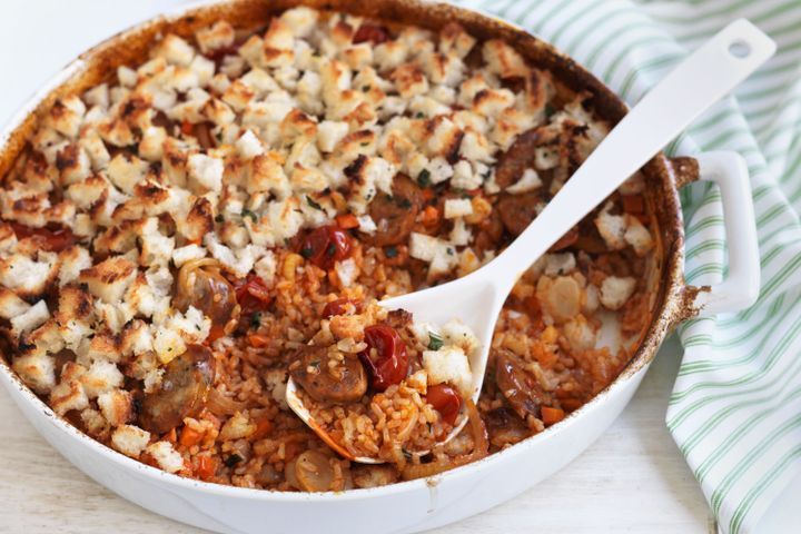Cooking Meat Oven-baked rice casserole