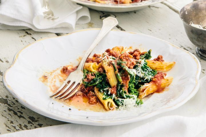 Cooking Meat Penne with sausage and kale