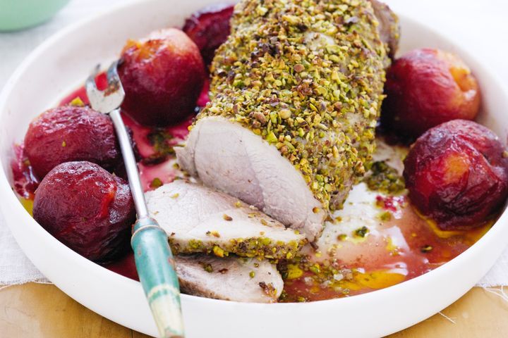 Cooking Meat Pistachio-crusted pork with roasted plums