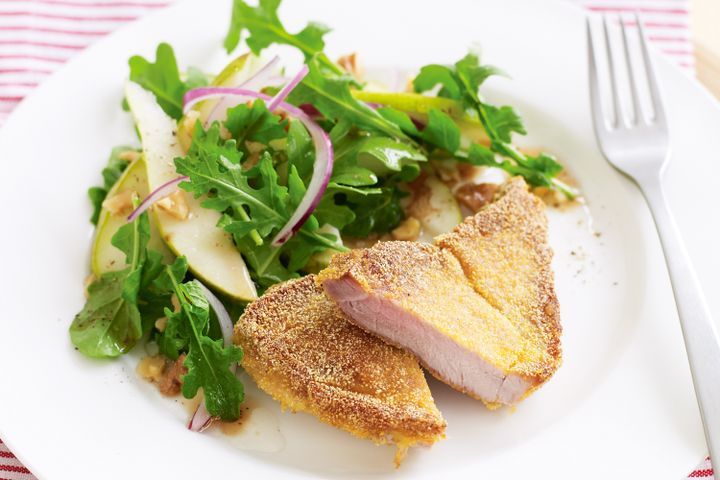 Cooking Meat Polenta-crusted pork steaks with pear and rocket salad