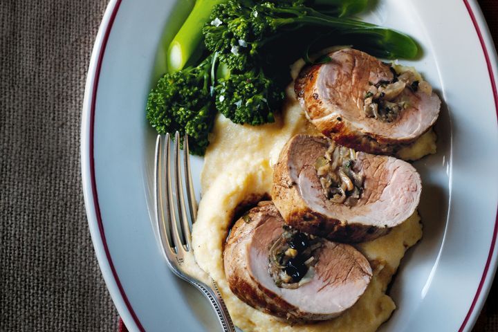 Cooking Meat Porchetta with polenta & steamed broccolini