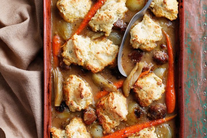 Cooking Meat Pork and apple cider casserole with sage dumplings