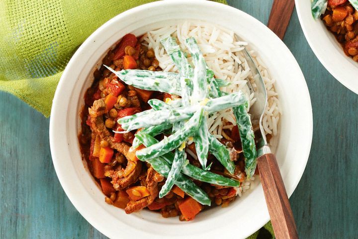 Cooking Meat Pork and lentil rogan josh with minted bean salad