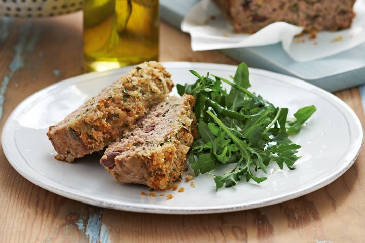 Cooking Meat Pork and veal meatloaf with crunchy parmesan topping