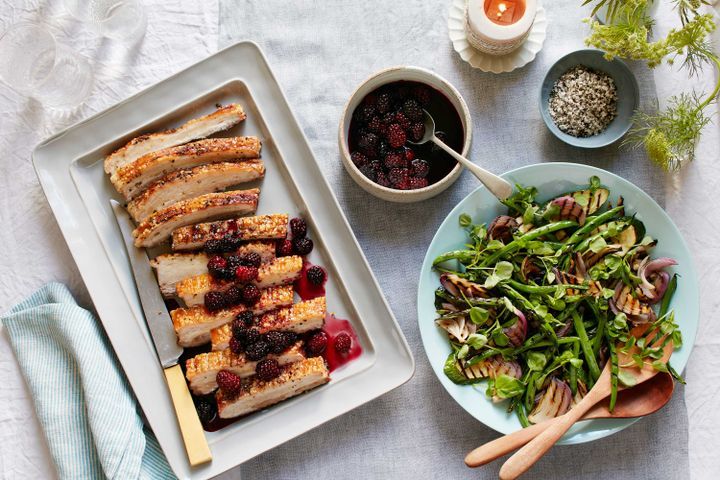 Cooking Meat Pork belly roast with blackberry vinaigrette and watercress salad