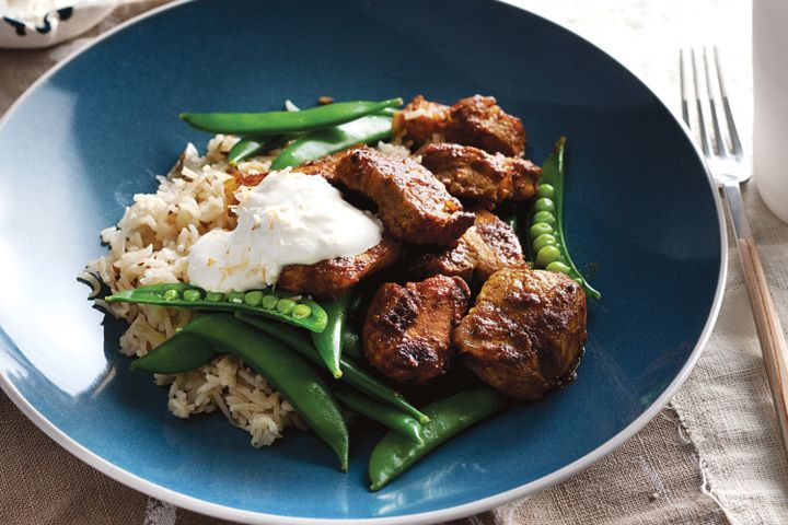 Cooking Meat Pork belly tikka with cumin rice