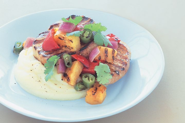 Cooking Meat Pork butterfly steaks with BBQ pineapple salsa