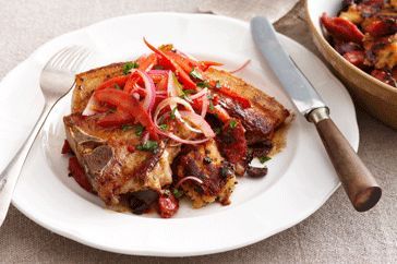 Cooking Meat Pork chops with chorizo migas and red onion salsa