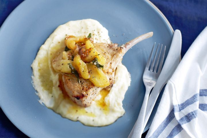 Cooking Meat Pork cutlet with parsnip mash and pan-fried apples