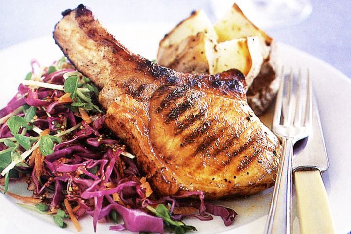 Cooking Meat Pork cutlets with honey mustard slaw