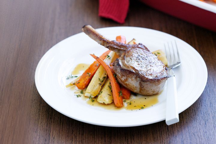 Cooking Meat Pork cutlets with maple-glazed vegetables