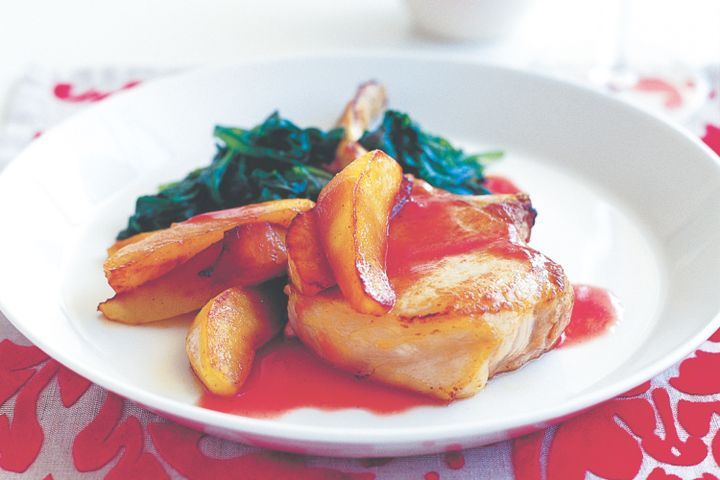 Cooking Meat Pork cutlets with sauteed redcurrant pears & wilted spinach