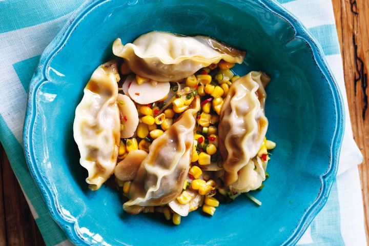 Cooking Meat Pork dumplings with corn and ginger stir-fry